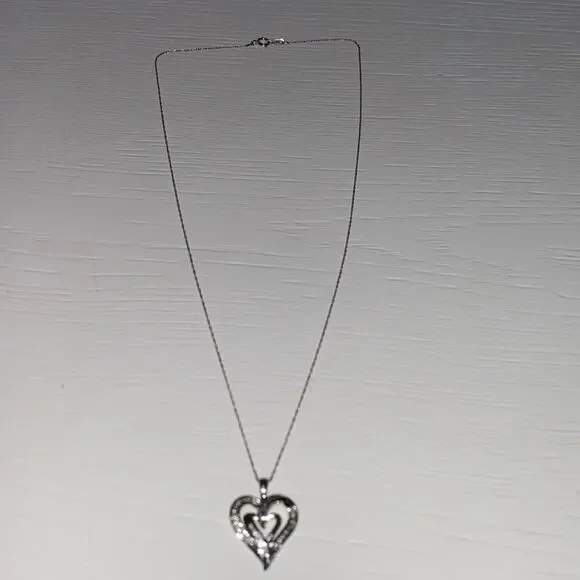 10K White Gold SUN Diamond Double Heart Necklace 18" Chain - Picture 16 of 16